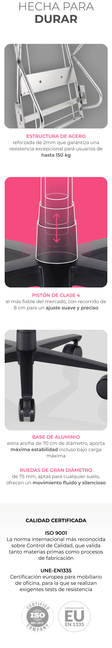 Chasis de acero de 2 mm, pistón clase 4, base de aluminio y ruedas de 75 mm